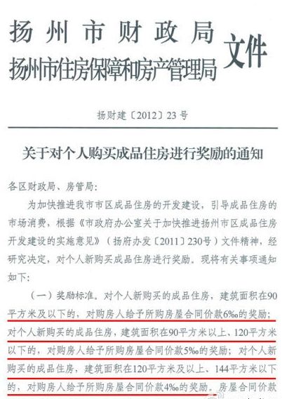 图为扬州市财政局、市房管局关于对个人购买成品住房进行奖励的通知。