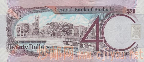 巴巴多斯2012.5.2年版20 Dollars纪念钞背面图案