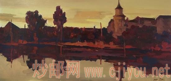 叶南巜维尔霍图里耶古镇暮色教堂》40X90cm 布面油画 2017年