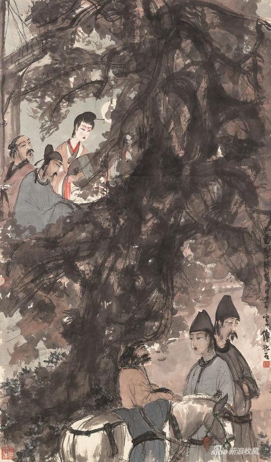 傅抱石《琵琶行》,立轴镜框 ,设色纸本,113 x 66 公分