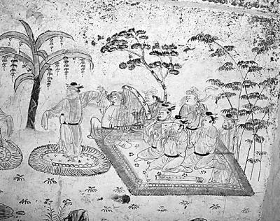 《唐墓壁画演剧图》(局部) 资料图片