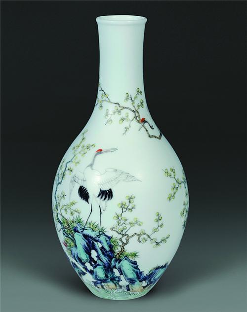 熊建军作品《仿清乾隆珐琅彩海鹤来朝玉环胆瓶》
