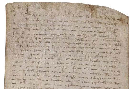 ? Su concessione del Ministero dei Beni e delle Attività Culturali e del Turismo - Biblioteca Nazionale Marciana。 Divieto di riproduzione《马可·波罗遗嘱》 (局部) 1323年 羊皮纸,墨笔 意大利马尔恰那国家图书馆藏