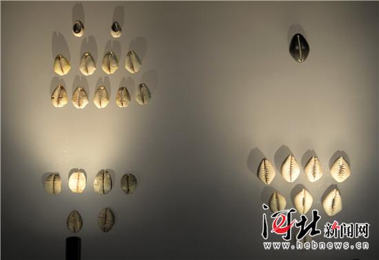 河北博物院展出的海贝(左上)、银贝(右上)、石贝(右下)、骨贝(左下)。