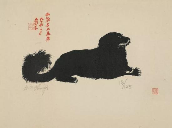 张大千,小黑虎,丝网版画,50cm×61cm 款识:西藏名犬黑虎六十年十月爰画