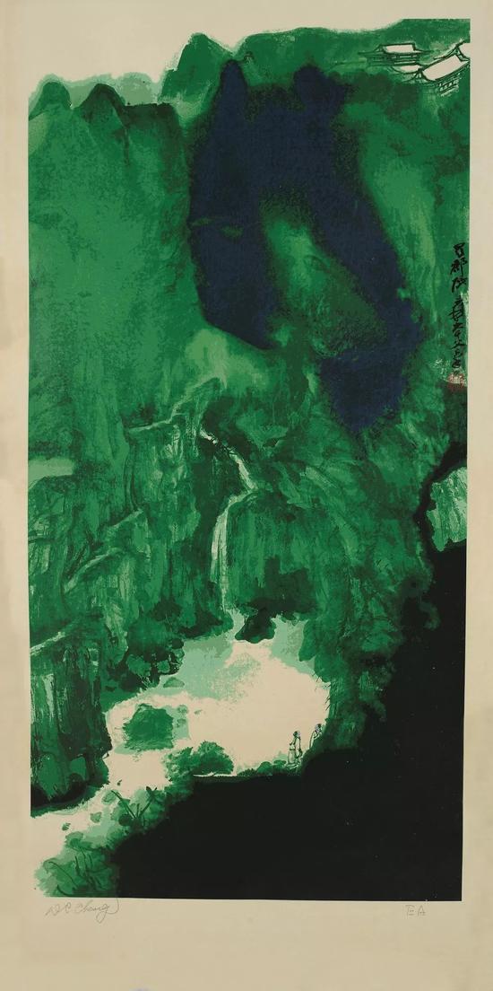 张大千,青城天下幽,丝网版画,131.5cm×59.5cm