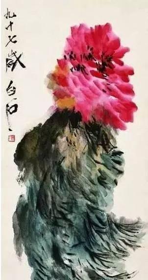 齐白石《风中牡丹》,1957年。
