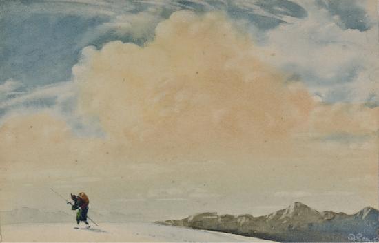 拜尔斯沃·森,《 艰苦跋涉的夏尔巴》, 纸上水彩、蛋彩 ,8.5×5.5cm,1914年,印度国家现代艺术馆藏