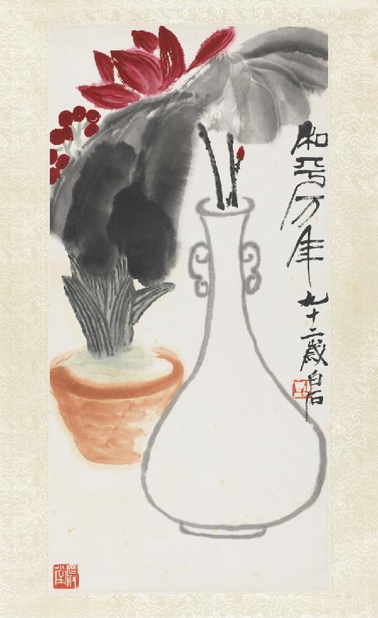 齐白石《和平万年》, 纸本设色,1952年,中国美术馆藏