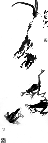 《群蛙图》:101cm×34.5cm 纸本墨笔 1948 徐悲鸿纪念馆藏 题款:白石老人 钤印:老白(白文)吾年八十八(朱文) 容颜减尽但余愁(朱文)