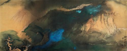 张大千《溪桥晚色》1970年作设色绢本镜框66×165cm