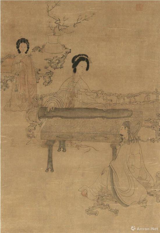 (明)陈洪绶 听琴图(局部) 纸本设色 纵112.5厘米 横49.5厘米 北京故宫博物院藏