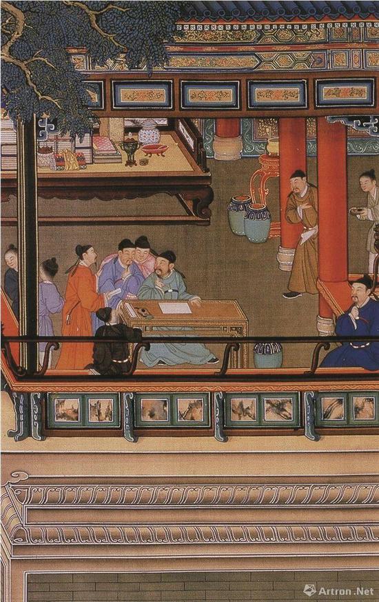 (清)孙祜、周鲲、丁观鹏 十八学士图(局部) 绢本设色 纵39厘米 横1138.2厘米 台北“故宫博物院”藏