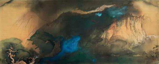 张大千 《溪桥晚色》 1970年作 设色绢本 镜框 66×165cm