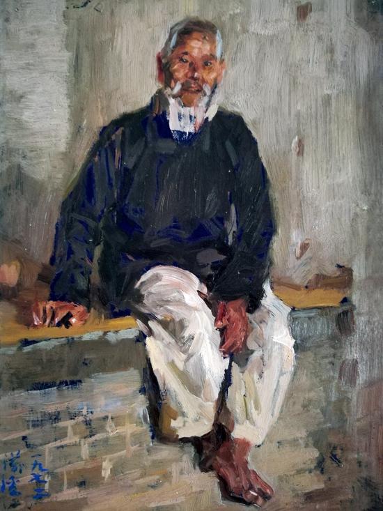 看场老汉 木板 油画 1972年 28cm×20cm
