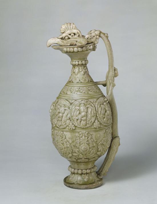 青釉凤首龙柄壶,通高41.3cm,口径19.3cm,足径10.2cm。