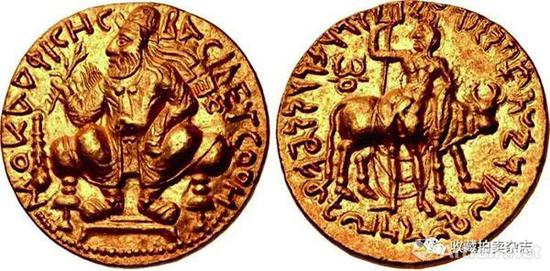 | 闫膏珍 2第纳尔金币 公元105-127 戴冠束带国王蹲像(正) 湿婆以及神牛南迪(反)