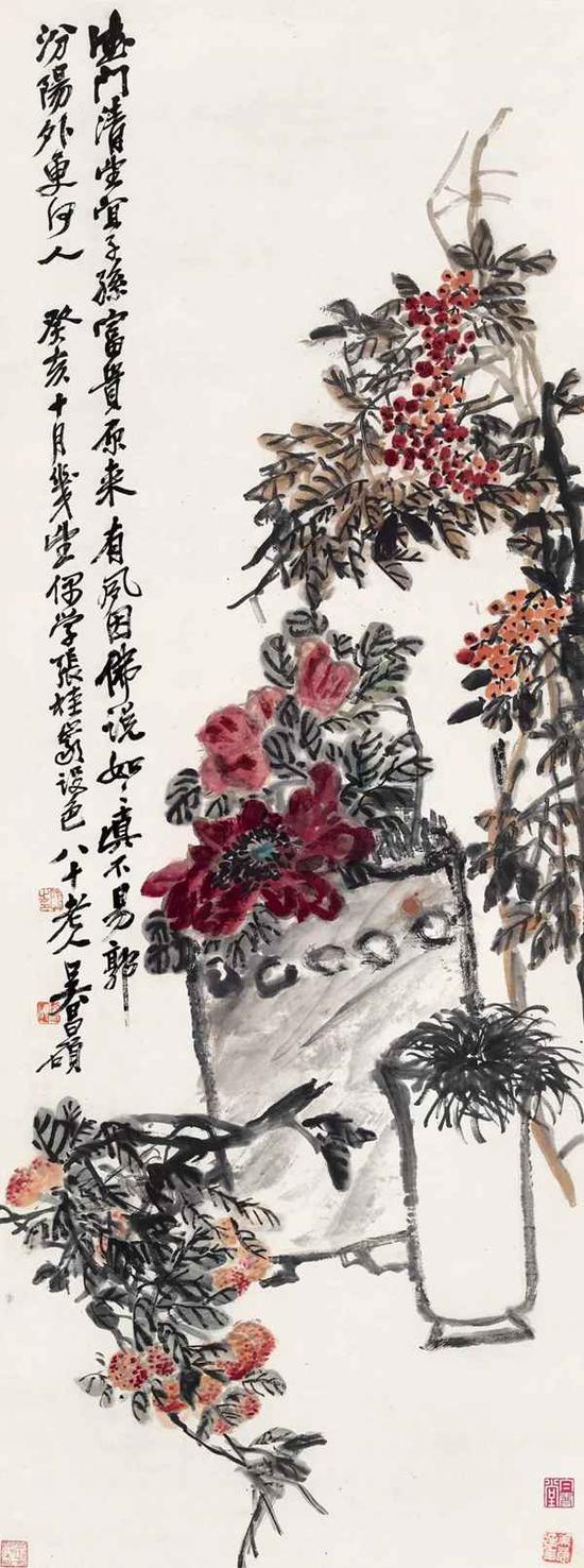 Lot101 吴昌硕(1844-1927) 富贵寿考 立轴 设色纸本 癸亥(1923年)作