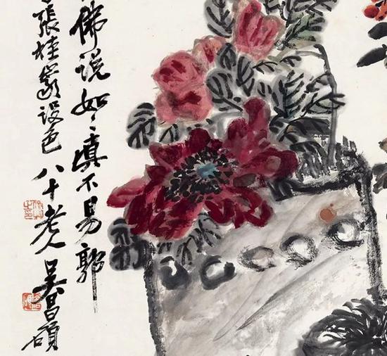 洋红描绘的牡丹是画眼处,花瓶的线条也相当精彩