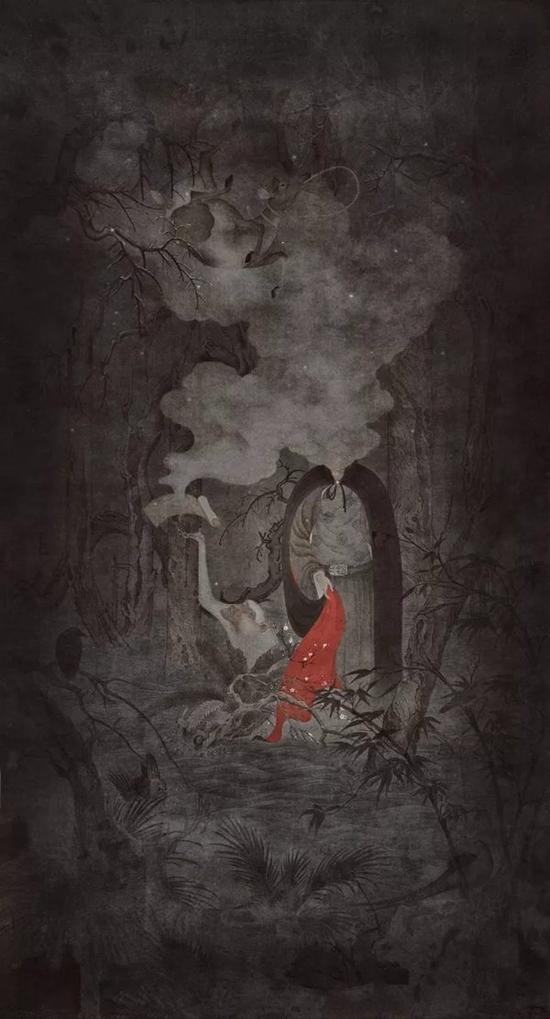 Lot.615 肖旭 《寒林奇幻记》 2013年 纸本彩墨 177.5×96cm 估价(人民币): 100,000-120,000