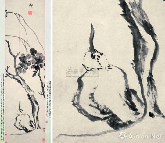 八大山人 《鸟石牡丹》 佳士得香港1994年春拍(右为局部)