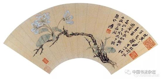 张大千 国画海棠为叶恭绰作扇面 1938年 香港钟志森藏