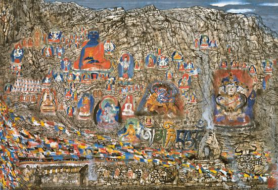 李小可水墨作品 《佛崖》 2003年 77.5×113.5cm 设色纸本
