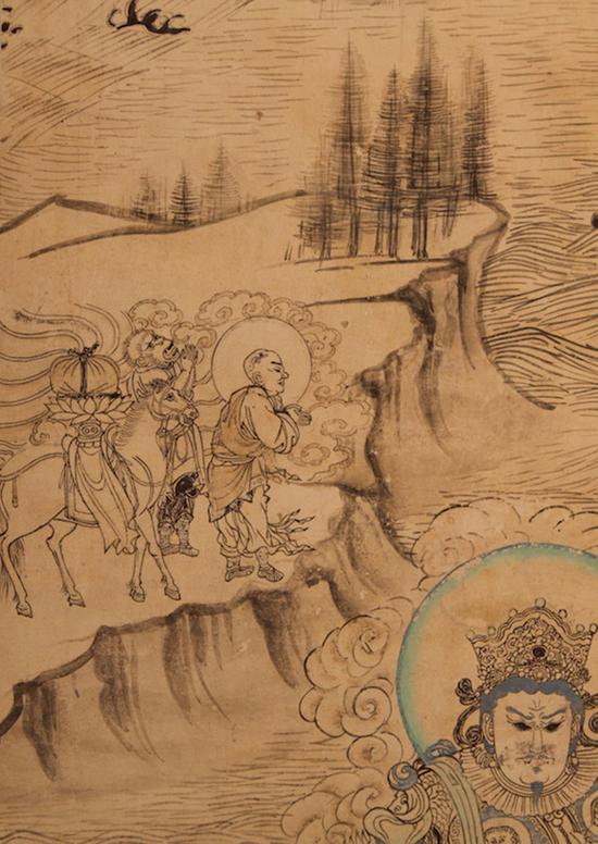 榆林窟第三窟西壁南侧《普贤变》中的唐僧取经图(复制品)谢继胜拍摄
