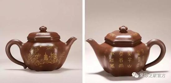 清中期 朱泥诗文山水六方莲子壶