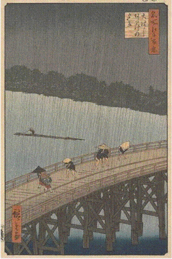 图七:歌川广众《大桥骤雨》(1857)。线条、色块清晰简单。