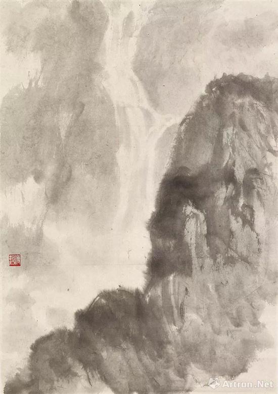 拍品编号1287 傅抱石《群山飞瀑》设色纸本 镜框
