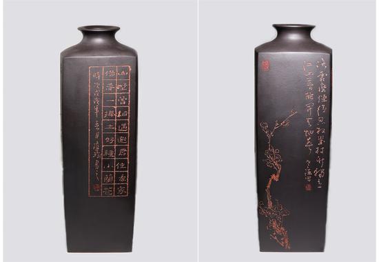 艺术家陈瑜作品 高四方瓶 泥料:黑泥粉浆 年代:2018 尺寸:50x16CM