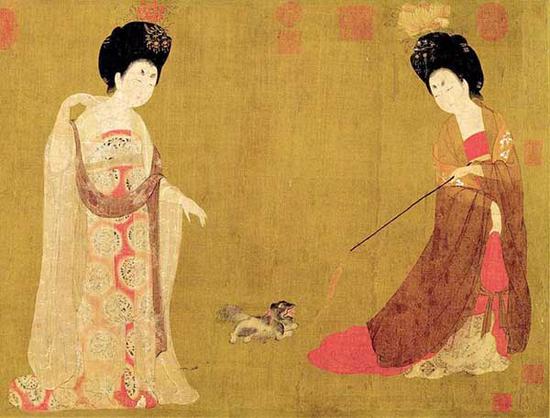 ▲唐周昉簪花仕女图卷(局部)