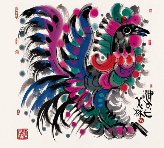 绘画:《鸡》,70x70cm,宣纸,2004年