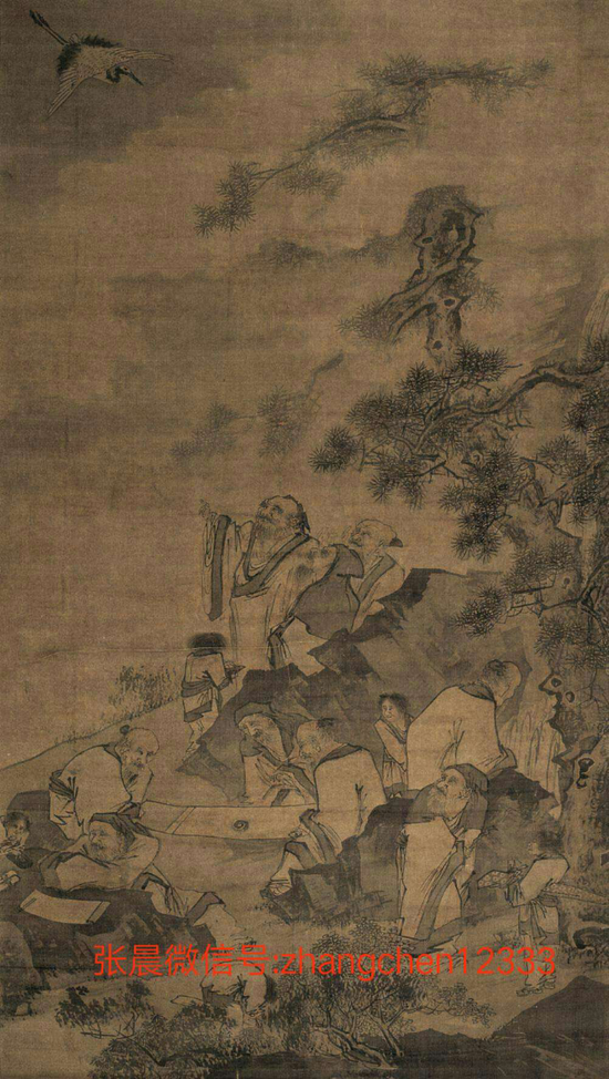 (此图有香山九老其中几个正直欣赏画作,其中有三个老人点着降真香,品着茶,突然惊奇抬头看到仙鹤降落)