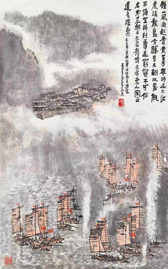 拍品编号1375 李可染《百万雄师过大江》 设色纸本 立轴镜框 96.2 x 60.3 cm.
